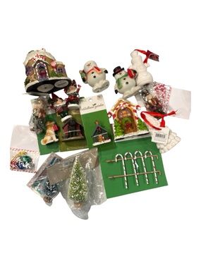 Holiday Assorted Christmas miniatures with a house, tree, dogs & snowmen set 16